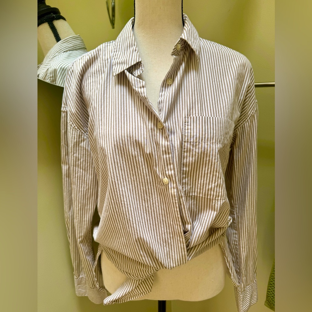 Uniqlo Tan and White Striped Button-Down Shirt